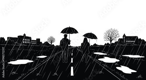 Black and white illustration of a couple walking in the rain with umbrellas on a road with puddles and buildings in the background on a gloomy day