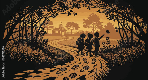 Silhouette of three children walking on a winding path to a schoolhouse at sunset with trees and a butterfly