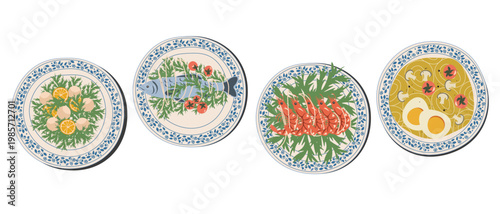 Dishes food set, collection of dinner dishes