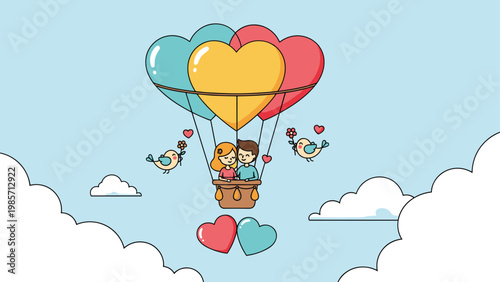 Romantic couple takes a whimsical flight in a large heart-shaped hot air balloon among soft clouds and singing birds.