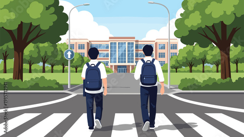 Two male students with backpacks walk across a crosswalk toward a large brick school building on a bright sunny day.