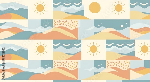 Geometric abstract landscape pattern, patchwork design, colorful seamless texture, decorative background