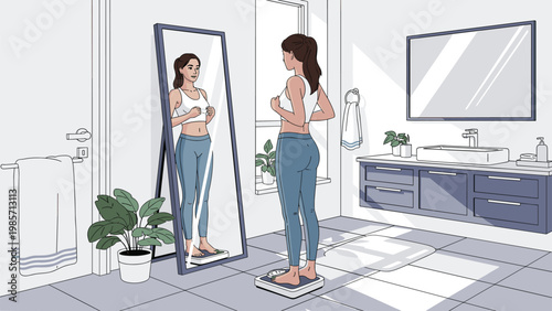 Young woman in fitness attire monitors her weight on a digital scale while checking her progress in a full-length mirror.