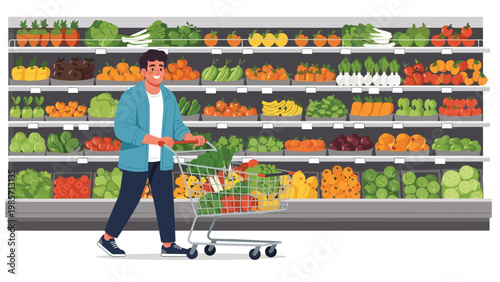 Man pushes a shopping cart through a grocery store aisle filled with various fresh fruits and colorful vegetables.