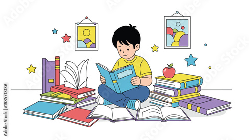 Young boy sits on the floor surrounded by many open books while focused on reading an interesting story in his room.