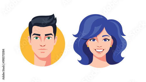 Male and female profile avatars show a young man and a woman with bright blue hair against simple circular backgrounds.
