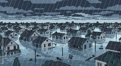 A pixelated neighborhood is submerged by floodwaters during a heavy downpour