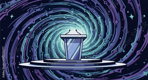 A pixelated podium stands on a stage within a swirling cosmic void