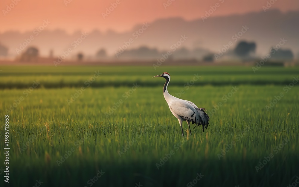 Obraz premium Crane standing in golden rice field at sunset with warm light and peaceful rural countryside landscape scene