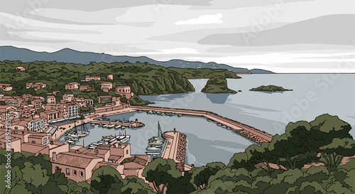 A picturesque coastal village with a bustling harbor, surrounded by lush green hills