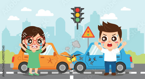 Cartoon illustration of a car accident with two children and traffic lights in an urban environment