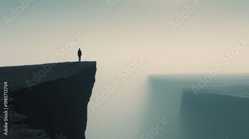 Solitary Figure Standing on Edge of Dramatic Cliff in Foggy Landscape