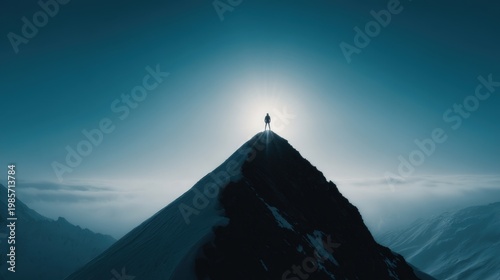 Silhouette of a lone hiker standing atop a majestic mountain peak