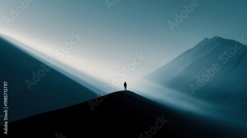 Solitary Figure on a Hill with Dramatic Light and Mountain Background