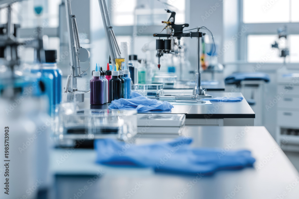 Fototapeta premium This image showcases a modern laboratory setting filled with colorful research materials and tools, highlighting the excitement and vibrancy of scientific exploration.
