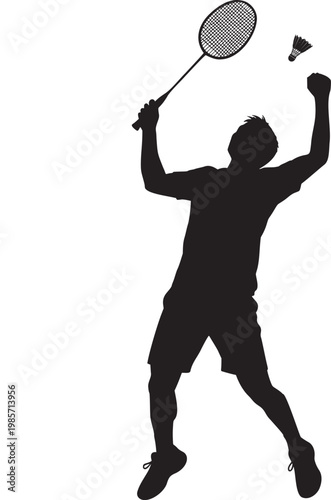 Badminton player silhouette celebrating a successful smash with badminton silhouette celebration