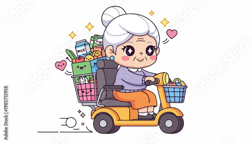 Cute cartoon girl riding a small electric scooter with shopping baskets filled with groceries and gifts in a playful