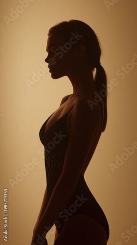 Elegant Silhouette of a Woman in a Dark Swimsuit Against a Soft Glow