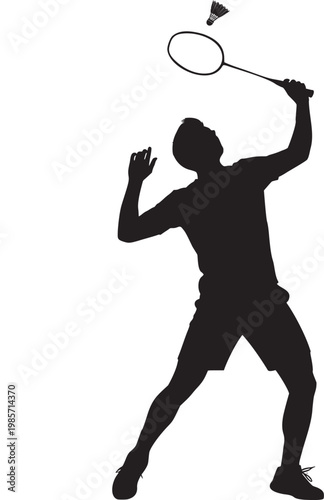 Badminton player silhouette executing a forehand stroke with badminton silhouette shuttlecock