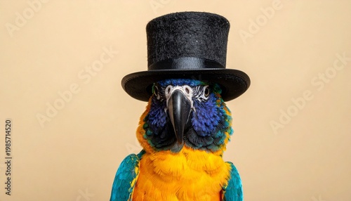 A rainbow lorikeet with vivid plumage—blue head, orange chest, green wings—wears a black top hat against a neutral backdrop, symbolizing whimsy, elegance, and playful contrast between nature and human