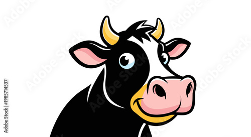 Cute Cartoon Cow Head Vector Illustration, Friendly Farm Animal Character Portrait for Children Design and Dairy Branding Projects