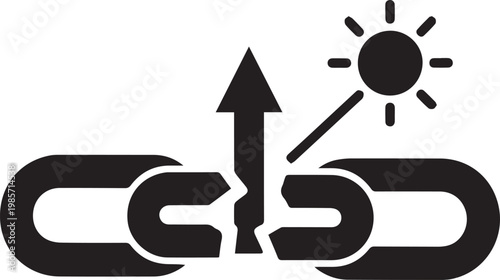 Abstract visual representing a broken chain link with an upward arrow and shining sun, symbolizing breakthrough, freedom, and finding a clear path to progress