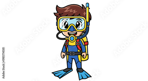 Cute Cartoon Scuba Diver Boy with Snorkel Gear Vector Illustration for Kids and Underwater Adventure Concept Design