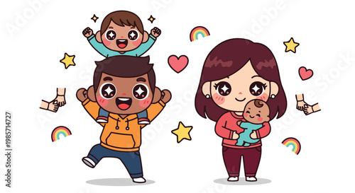 Cute cartoon children expressing happiness and excitement with playful gestures and colorful accessories