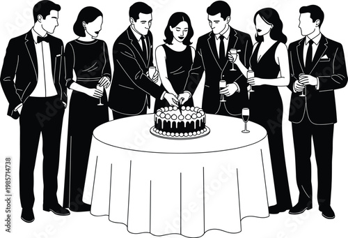 Elegant black and white vector illustration of a wedding couple cutting their cake surrounded by friends in formal attire celebration.