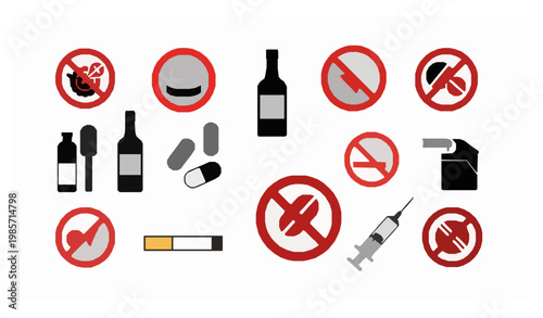 Substance abuse prevention flat icon collection with no drugs and no alcohol warning symbols for public safety campaigns