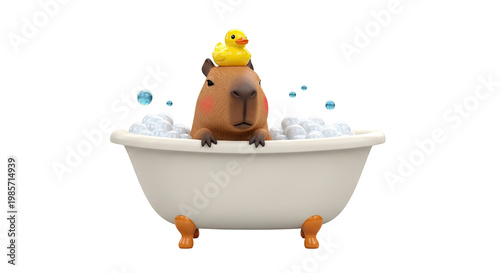 Cute Capybara in Bathtub with Rubber Ducky