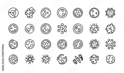 Filled white blood cell icon set with leukocyte and immune system cell symbols for medical and biology design
