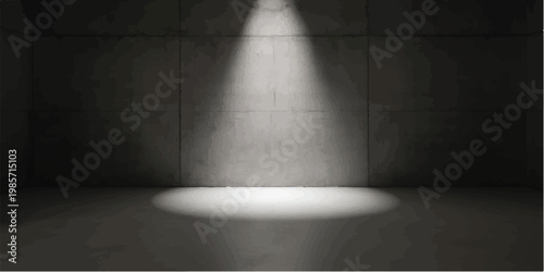 A dramatic spotlight illuminates the textured concrete floor and walls of an empty industrial room casting shadows and creating a stark atmospheric scene