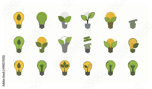Filled lightbulb with leaf icon set featuring eco idea and sustainable energy symbols for green UI design