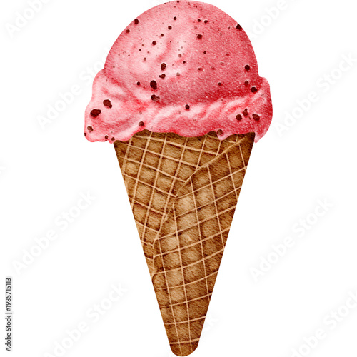Delicious pink strawberry ice cream in a crispy golden waffle cone sweet treat dessert isolated on white background