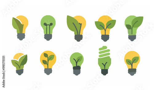 Flat filled lightbulb with leaf icon collection for eco innovation and sustainable energy design
