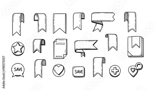 Hand drawn bookmark icon collection with save and favorite page marker symbols in editable stroke style