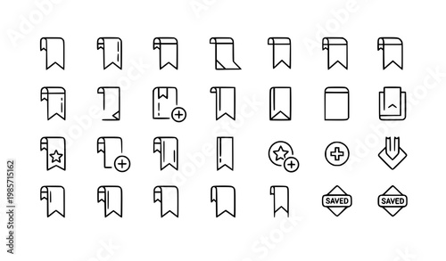 Minimal bookmark line icon set with save and favorite ribbon symbols for UI and reading app design