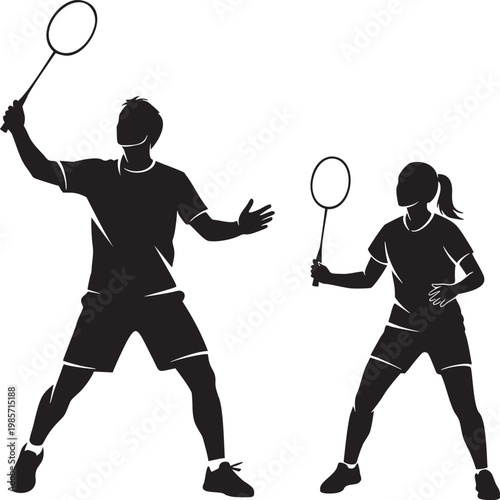Silhouettes of male and female badminton players with badminton silhouettes athletic competition