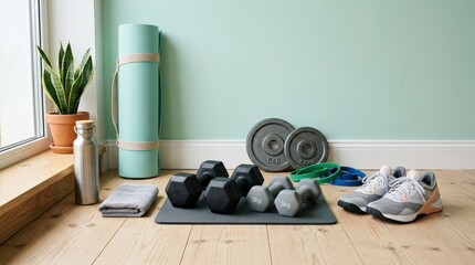 A fitness equipment arrangement with yoga mat, water bottle, dumbbells, weights and training shoes on a pastel backdrop, fresh sporty balance, ultra-realistic, no logos.