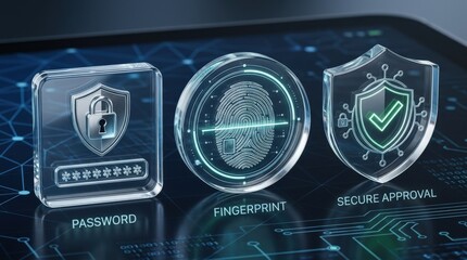 A transparent glass cybersecurity access icon set with password, fingerprint, and secure approval symbols, crisp biometric security styling, ultra-realistic, no logos.