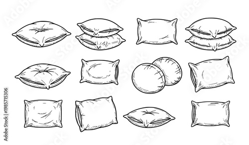 Hand drawn pillow icon collection with soft cushion and sleep comfort symbols for cozy UI design