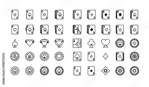 Minimal playing cards line icon set with casino suit and deck symbols for game and UI design
