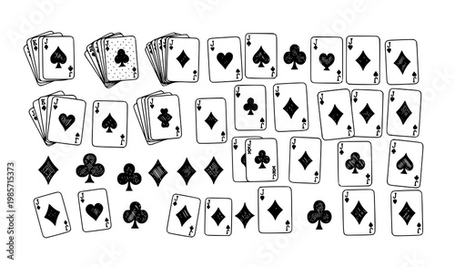 Hand drawn playing cards icon collection with casino suit and deck symbols for gaming UI design