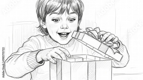 The Joy of Discovery: A young boy opens a gift box, his eyes widening in a moment of pure excitement and anticipation. This illustration captures the innocence and wonder of childhood.