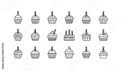Pixel perfect cupcake with birthday candle icon set in editable stroke line style for celebration and bakery design