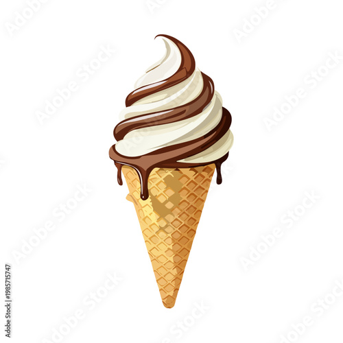 Delicious ice cream cone with white and chocolate swirls dripping chocolate sauce on a crispy golden waffle cone