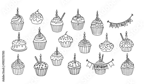 Hand drawn cupcake birthday candle icon collection with festive bakery dessert symbols in editable stroke style