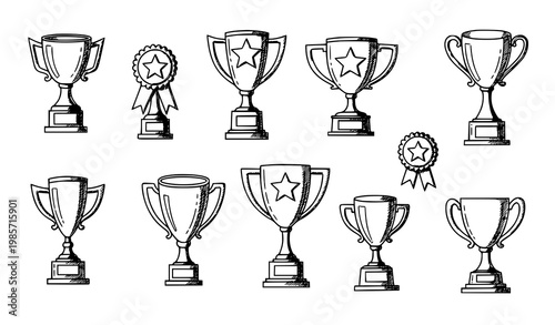 Hand drawn trophy icon collection with editable stroke award and victory cup symbols for sports and achievement design
