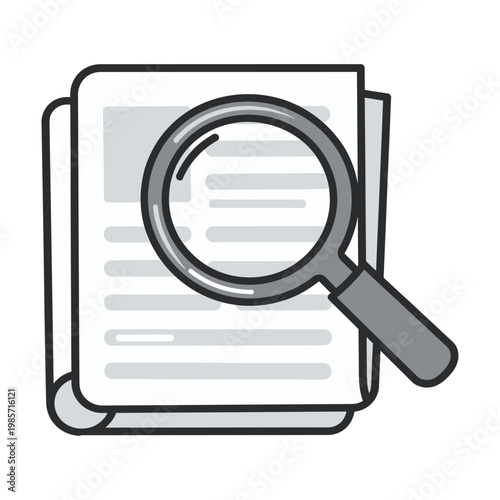 Vector of a magnifying glass over a document for search and investigation.